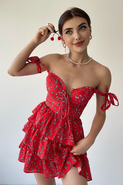 Özel Tasarım Harisnyatartó ruha szoknya Flounce ruha Melltartó ruha Mini ruha Virágos ruha Mintás ruha