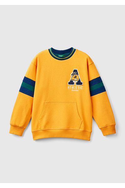 United Colors of Benetton Boy - Mustard Yellow Front Embroidered and Kangaroo Pocket Crew Neck Sweatshirt