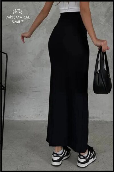 missmaral Fustă lungă neagră maxi, lungime 92 cm, cu material divergent și slit