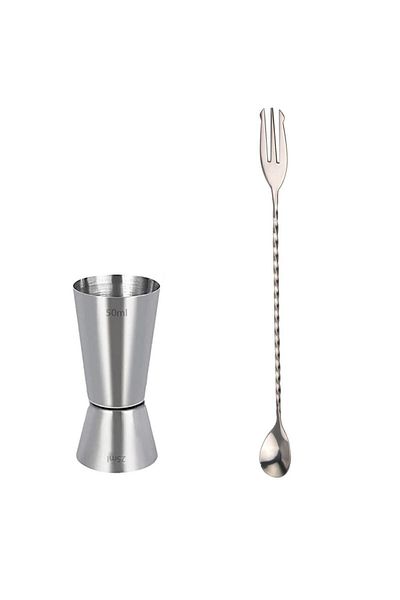adin tasarım Bar Spoon with Fork + Jigger 2.5/5 Cl Cocktail Scale Bartender Bar Set Cocktail Mixing Spoon