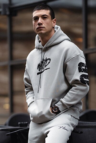 HYPERS Originals Baskılı Gri Kapüşonlu Oversize Sweatshirt