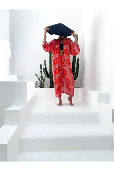 HANGOUT UZUN KİMONO - Colorful Bandana, Pamuk Viskon