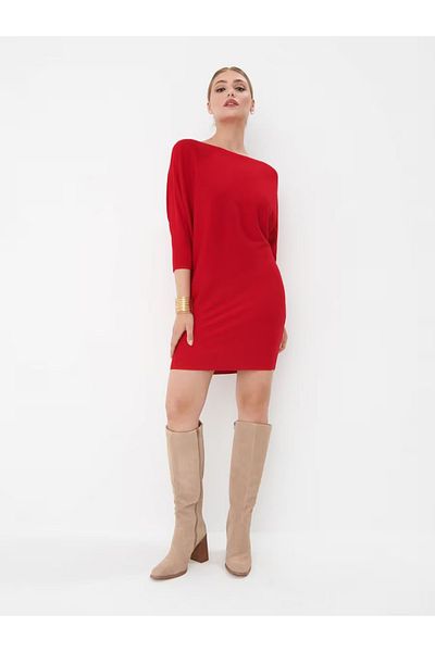 MAG FASHİON Rochie tricotată roșie cu mânecă liliac și gât barcă