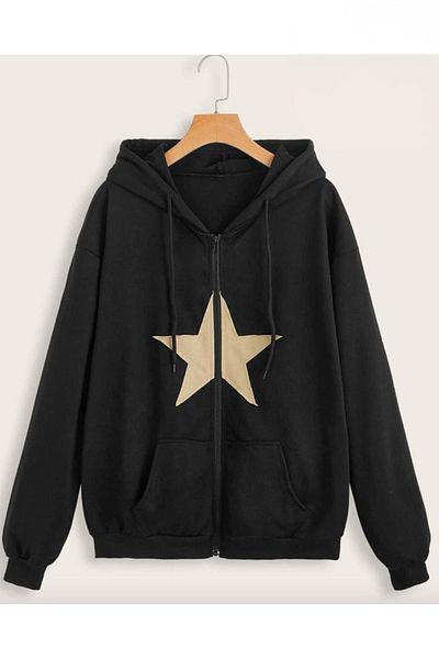 modaberry Cardigan negru supradimensionat cu glugă - Cardigan de iarnă cu imprimeu cu stele, fermoar și buzunare