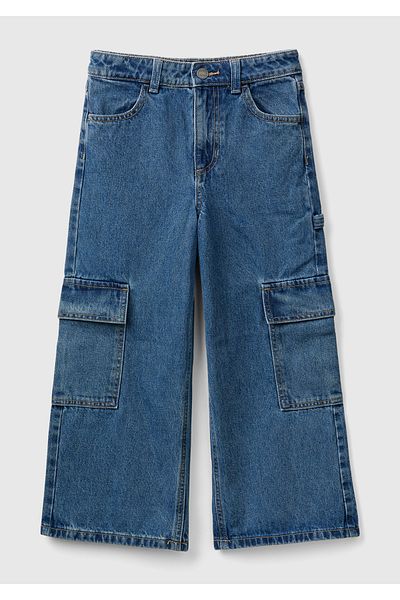 United Colors of Benetton Girl's - Dark Denim Wide Cut Cargo Pants with Pocket Detail
