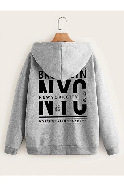 Trendglow Brooklyn Nyc Gray Oversize Thick Cardigan - Winter Hoodie with Hood and Zipper