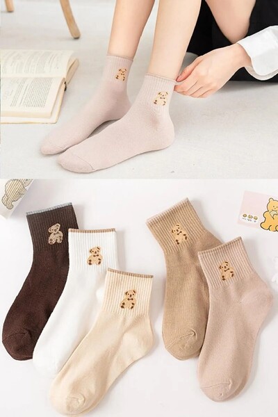 SERAPİFY مجموعة جوارب نسائية ملونة منقوشة على شكل دب - 5 أزواج لأقدام مريحة