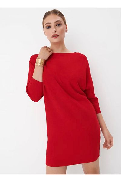 MAG FASHİON Rochie tricotată roșie cu mânecă liliac și gât barcă