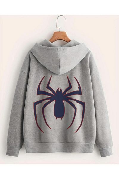 modaberry Gray Spider Pattern Oversize Hooded Cardigan - Winter Sweatshirt with Pockets and Zipper