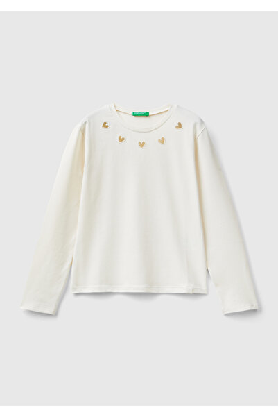 United Colors of Benetton Ecru T-Shirt για κορίτσια - Ετικέτα λογότυπου, μακρ...