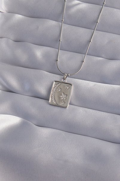 Acousticworld 316l Steel Chain - Silver Colored Zircon Stone Crescent Star Fi...