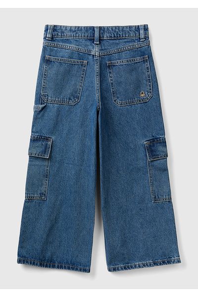 United Colors of Benetton Girl's - Dark Denim Wide Cut Cargo Pants with Pocket Detail