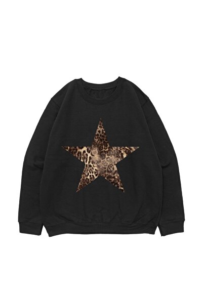 Sekizbiraltı Світшот Starz Leopar Desenli Siyah Oversize Unisex