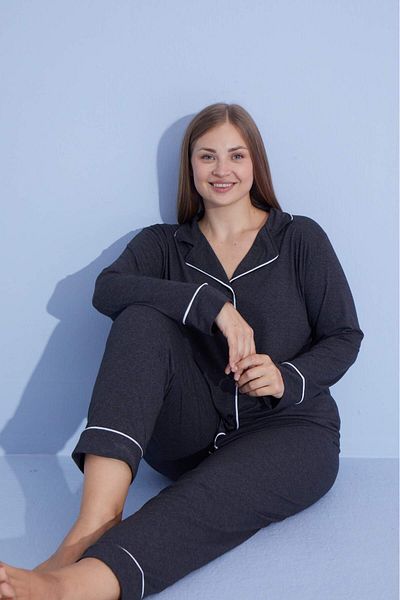 PİJAMOOD Women's Long Sleeve Cotton Front Buttoned Pajamas Set with Piping