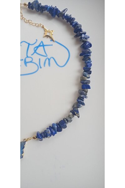 Mudita Tasarım Mavi Kelebekli Gerçek Doğal Kırık Taş Lapis Lazuli Kolye