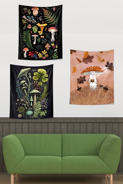 Pelangi Mushroom Tapestry Containing Autumn Leaves - Set of 3 Wall Cloth and Rug