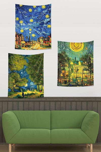 on the clouds Van Gogh 3-Piece Tapestry Set - Street, Sunflower Field and Village Stain-Proof Wall Cover and Carpet