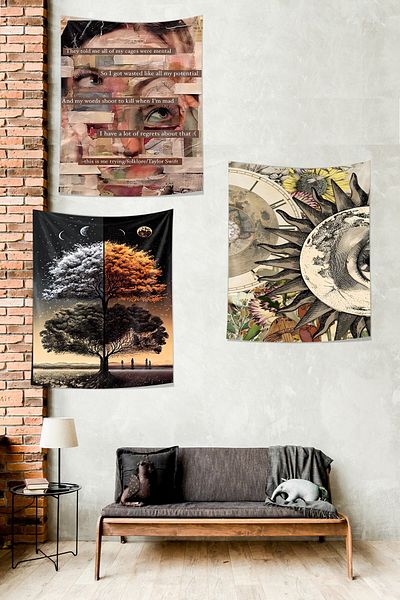 Pelangi Vintage Newspaper Patterned Non-Slip Tapestry - Set of 3 Night and Day and Sun Carpet