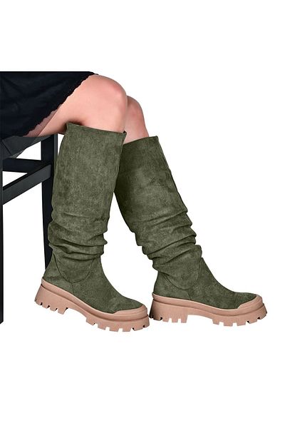 NOOSY Cizme lungi de damă de culoare kaki - talpă groasă și design cu burduf