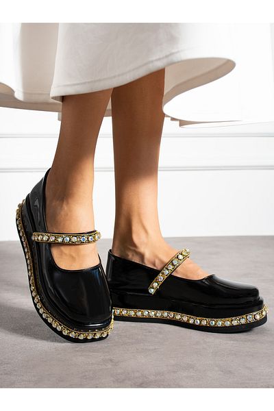 Alemdar Shoes Дамски черни мокасини с лачена кожа и камъни