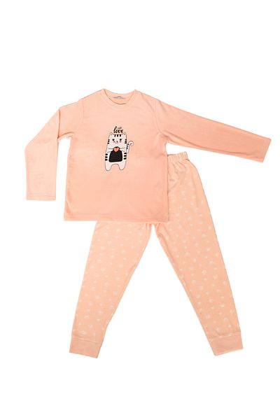 DOFİ Cat Patterned Super Soft Girl's Pajama Set - Salmon Dofi_08