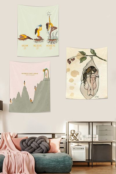 on the clouds Girl Motivation Azimli Nonsistant Wall Tapestry - the Way of Success in the Cocoon, Set of 3