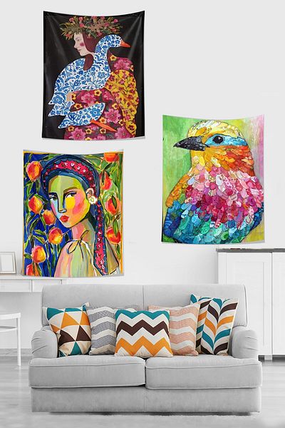 on the clouds Set of 3 Colorful Bird Women's Portrait - Mystical Ethnic Stain, Non-Slip Wall Cover and Carpet Tapestry