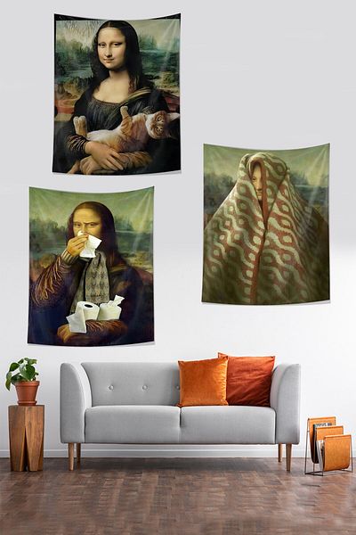on the clouds Mona Lisa Themed Set of 3 - Humorous Poses, Cat and Blanket Stain, Non-Slip Wall Cover and Carpet
