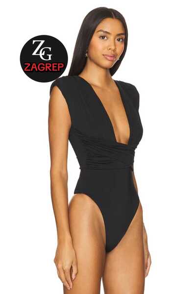 Zagrep Women's Black Bodysuit V Neck Side Gathered Pieces Sleeveless Double Layer Bodysuit