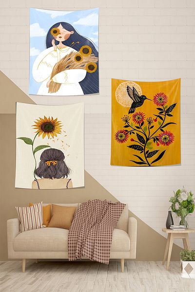 on the clouds Set de 3 apusuri de soare - Fly, Bird with Sunflowers Girl Stain, Tapet rezistent la mur și Tapiserie Tapiserie