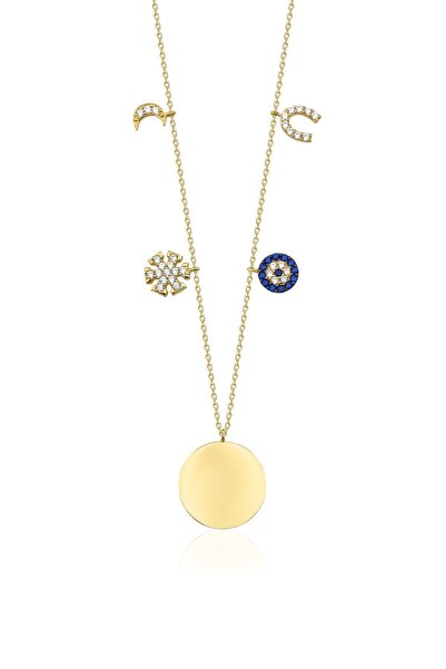 Fiyonk Kuyumculuk 14 Ayar Altın Plaka Detaylı Şans Kolyesi