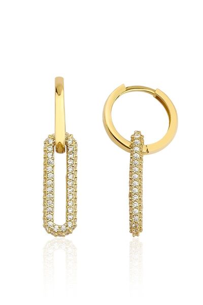 Fiyonk Kuyumculuk 14 Ayar Altın Taşlı Dikdörtgen Sallantılı Halka Küpe