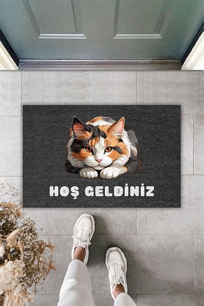 Dormot Home Black Sweet Cat Patterned Digital Printed Door Mat