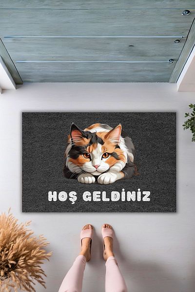 Dormot Home Black Sweet Cat Patterned Digital Printed Door Mat