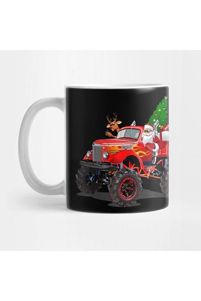 TatFast Funny Christmas Monster Red Truck With Santa, Christmas Tree, Reindeer Mug