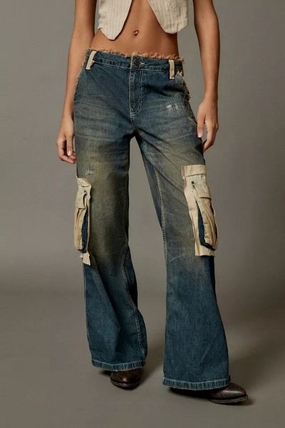 september island Vintage Distressed Detailed Patched Low Waist Cargo Jeans