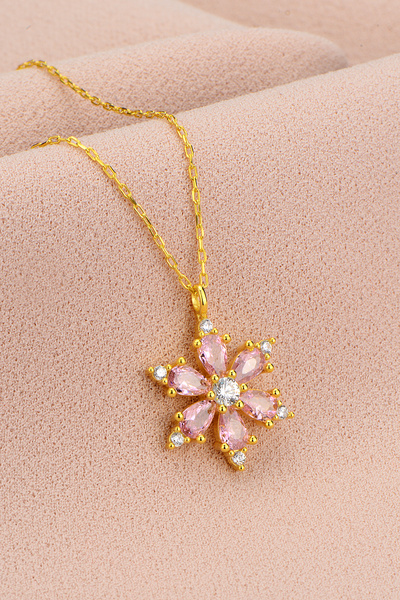 Bilsen Store 925 Ayar Gümüş Zincirli Altın Kaplama Pembe Taşlı Lotus Çiçeği Kolye
