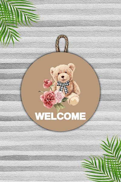 Dormot Home Modern Brown Wooden Door Ornament - Outdoor Teddy Bear Welcome Door - Suspension Light Fixture