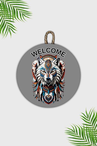 Dormot Home Modern Gray Wolf Patterned Wooden Door Ornament - Outdoor Door Ornament
