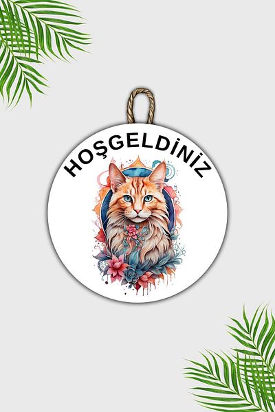Dormot Home Modern Wooden Door Ornament - White Floral Cat Welcome, Outdoor Door Ornament