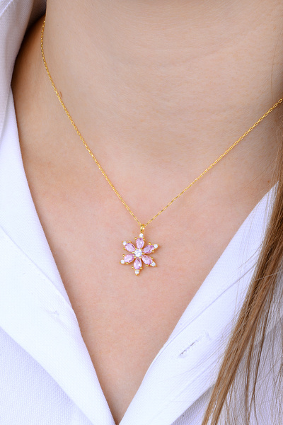 Bilsen Store 925 Ayar Gümüş Zincirli Altın Kaplama Pembe Taşlı Lotus Çiçeği Kolye