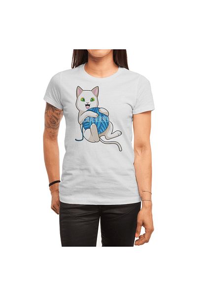 Fizello Ανδρικό και γυναικείο Unisex Λευκό T-Shirt - Cat Playing Wool Design