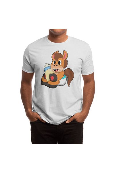 Fizello Men's and Women's White T-Shirt - Horse with Baby Bottle Design