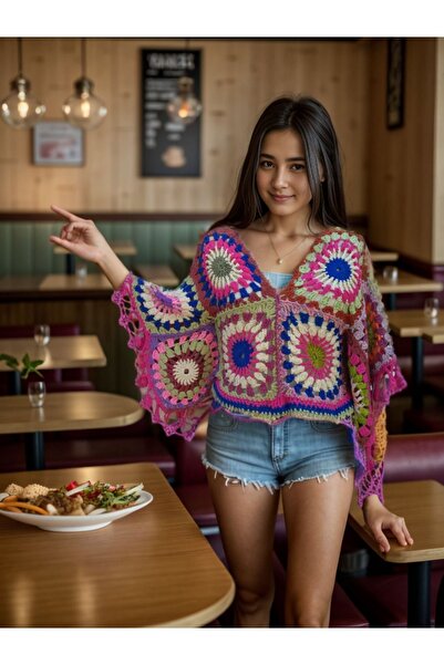 Hippybutik Çok Renkli Pembe Püskül Detaylı Mandala Tığ Motifli Tasarım Kazak