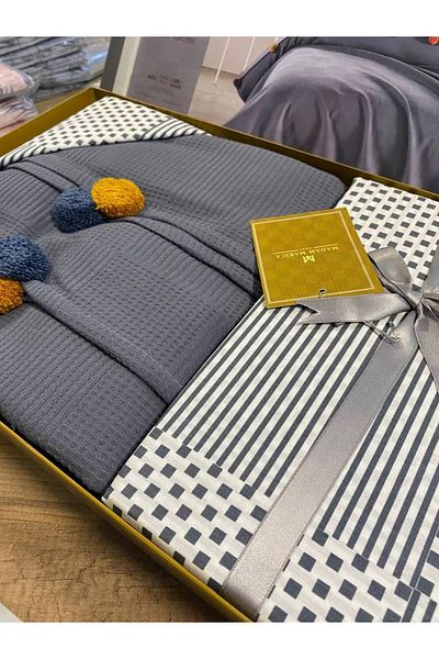 AYHANHOME Double 100% Cotton Bedspread - Pique, Waffle Pattern, Pompom Pique Set