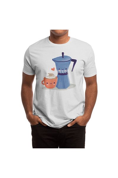 Fizello Λευκό μπλουζάκι Unisex - Cute Coffee Couple Illustration, T-shirt για άνδρες και γυναίκες