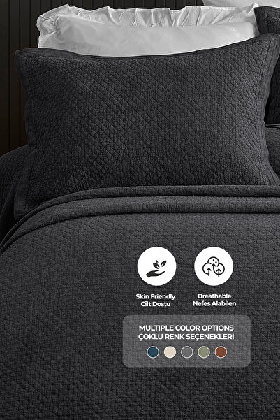 Evlen Home Collection 100% Cotton Double Pique Set Special Stone Washed Bedspread Luxury Soft Vitali Anthracite