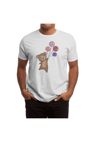 Fizello Ανδρικό και γυναικείο μπλουζάκι - Bear Flies Up With Balloons Cute Animals Design, Unisex Λευκό T-shirt