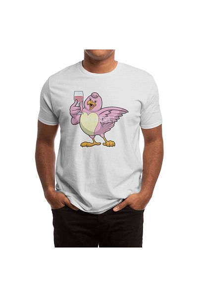 Fizello Unisex White T-Shirt for Men and Women - Bird with Glass of Red Wine Pattern