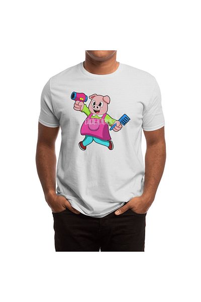 Fizello Unisex White T-Shirt for Men and Women - Pig as Hairdresser with Hair Dryer & Comb